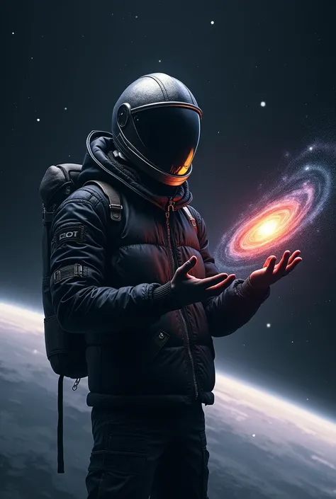  A man wearing a knight helmet and a black jacket with jordans holding a galaxy in his hand in space