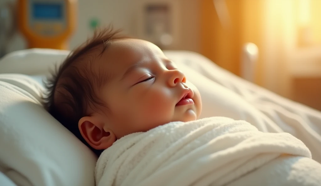 "A close-up of a newborn baby swaddled in a white blanket, with a soft golden light enveloping them, symbolizing divine protection. The baby has smooth, light brown skin and a peaceful expression, with faint wisps of dark curly hair visible. The atmosphere...