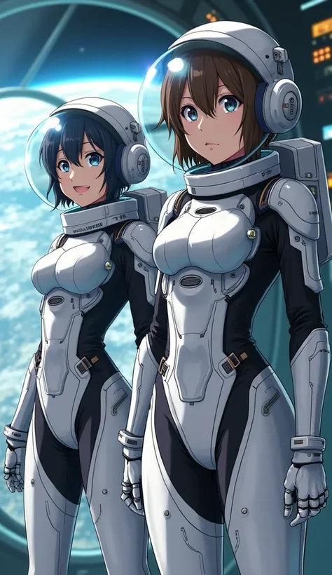 masterpiece, Highest quality, high resolution, newest, 2girls, friends, (group shot):5, (upper body):5, kyoto animation style, detailed, BREAK lunar base interior and exterior, moon surface exploration, lunar landscape, BREAK (white and black mechanical sp...