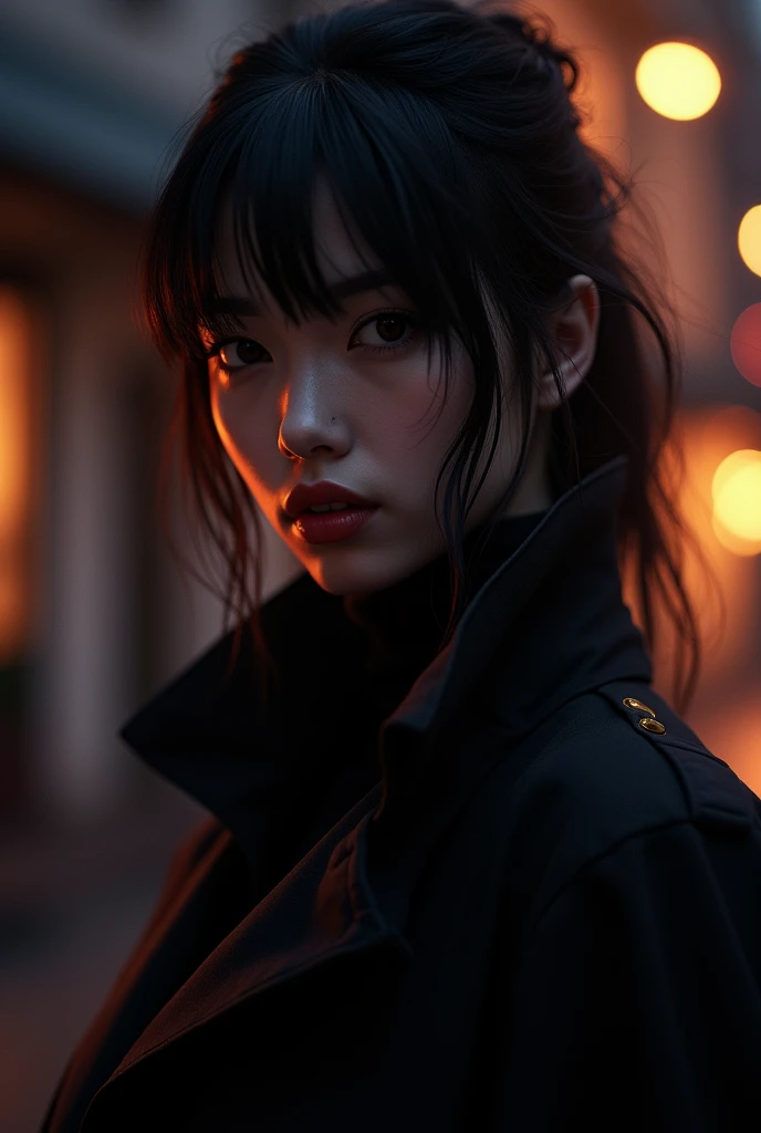 A mysterious person with an intense and captivating look, in a night setting with soft lights. The background has dark tones, and the person wears sophisticated clothes in black or red.