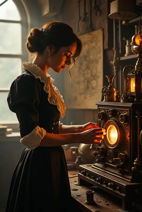 A Victorian-era woman, Margaret Holloway, working on a complex machine with gears, levers, and glowing components in her secret laboratory. She wears a long dress with rolled-up sleeves, concentrating as she adjusts a device. The room is softly lit by warm...