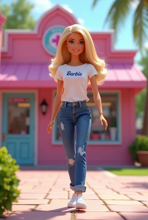 Realistic image of Barbie in a white t-shirt with the name Barbie print,  jeans, white sneakers, Arriving at a pharmacy in Barbieland.