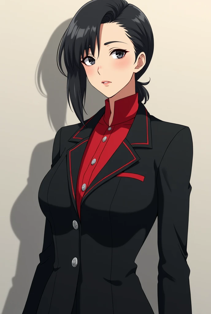  Female anime character, elderly,  with black hair, stately and confident look , wearing a suit,  in black color, with red details on the fabric 