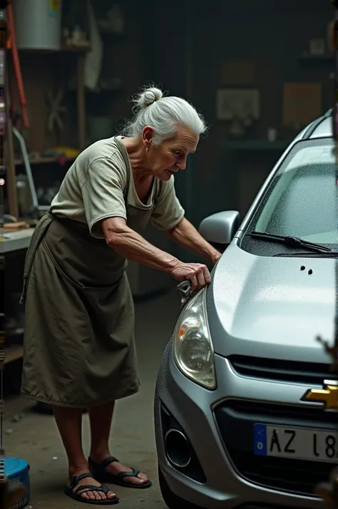 Old woman in the garage cleaning the 2013 silver Chevrolet Spark