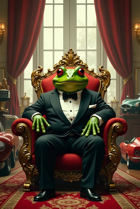 Make the frog organ with a lot of money and sitting on chair and behind the frog fast cars and house 