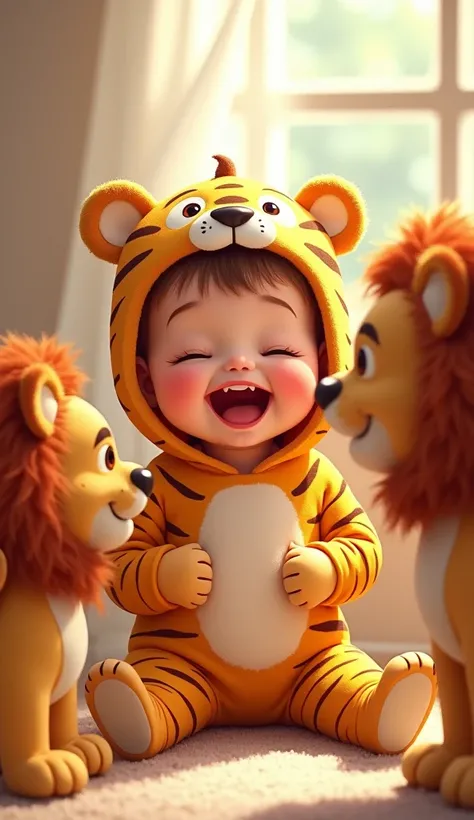 A small baby ,  with a big smile, He is dressed in a tiger costume that includes soft ears. At your side, There are two cartoonish lions with cheerful expressions ,  as if they were imitating the babys laugh .  