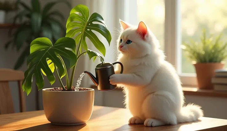 A hyper-photorealistic image of a fluffy white cat watering a vibrant potted houseplant. The cat stands on its hind legs, carefully holding a small, elegant watering can with its front paws, tilting it slightly as a gentle stream of water cascades onto the...