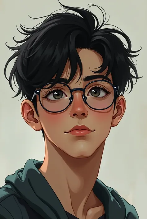 A 17-year-old man by Clara,  dark eyes, dark hair and glasses