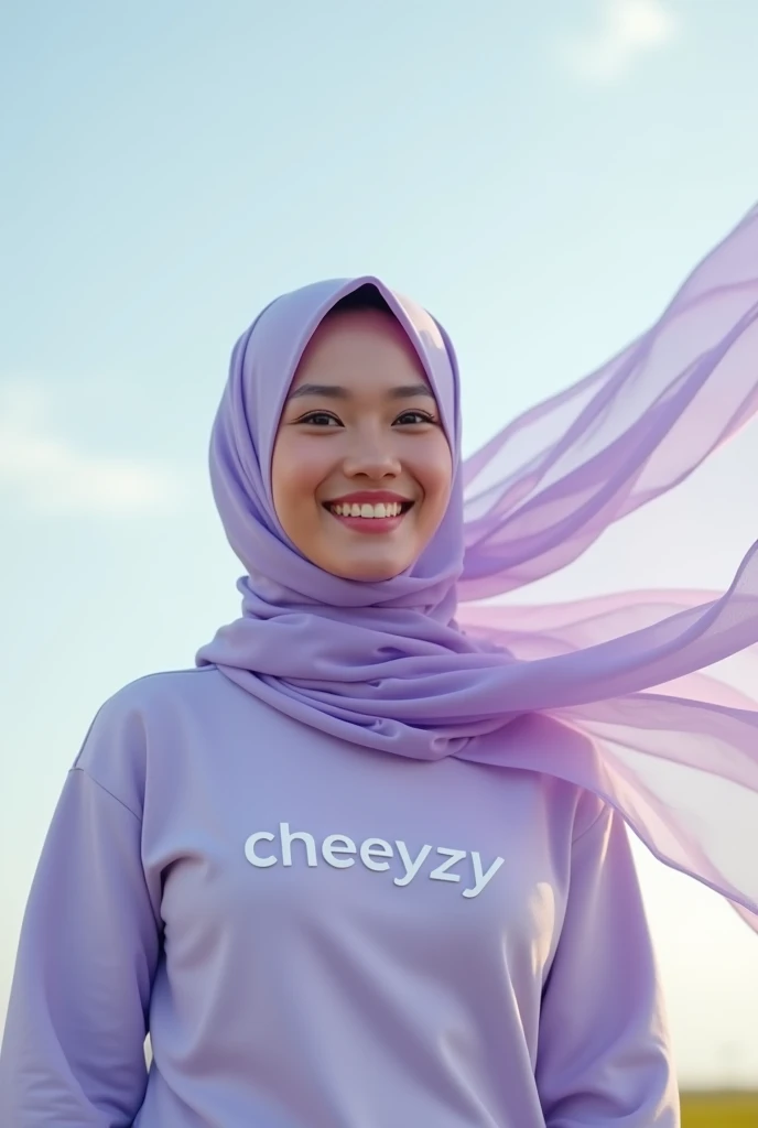 
Create a ultra realistic image of a beaty whitevyoung Malay hijab woman,cute smile  wearing a casual clothes write on clothes " Cheeyzy" and a light purple scarf blowing in the wind. She is outdoors with a soft, Paddy field background,  a serene, minimali...