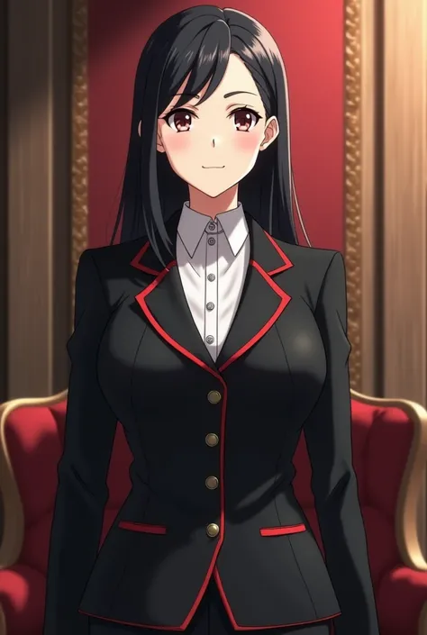  Female anime character, 90 year old woman,  with black hair, stately and confident look , wearing a suit,  in black color, with red details on the fabric, 90-year-old character 