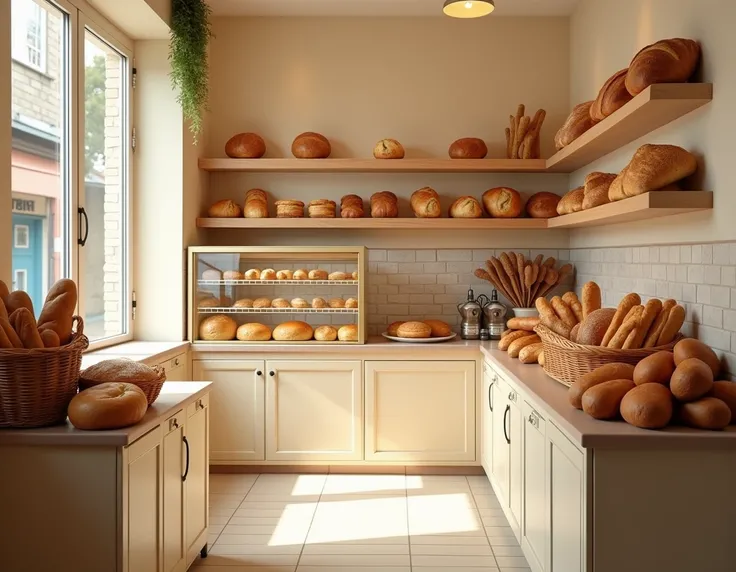 Please, Create a photo of a bakery inside , without people,  that there are breads on the counter and baguettes in a basket on one side of the counter,  the counter has a display case where there are also breads , leaving a small space in the center,  the ...