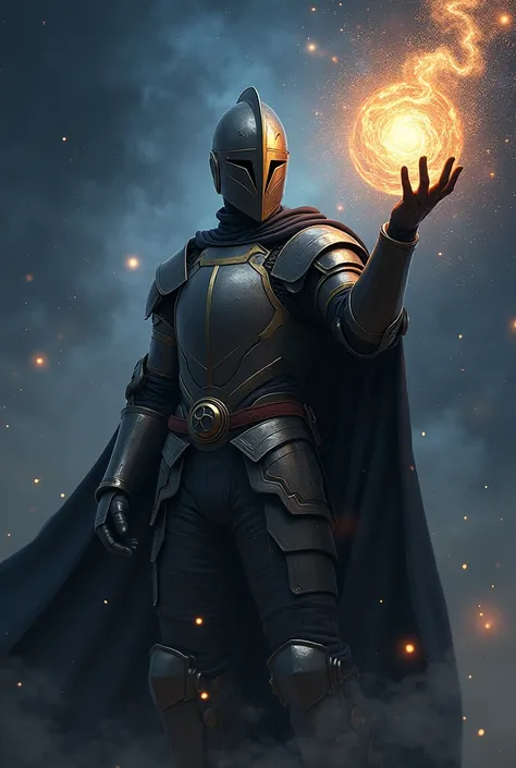  A man wearing a knight helmet and a black jacket holding a galaxy in his hand in space