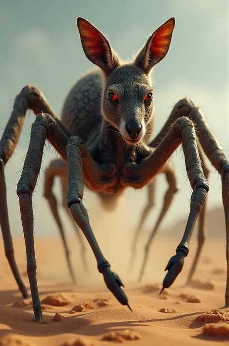 A terrifying hybrid kangaroo withmultiple spider legs, glowing red eyes, andweb-like patterns on its fur, leaping acrossthe desert.
