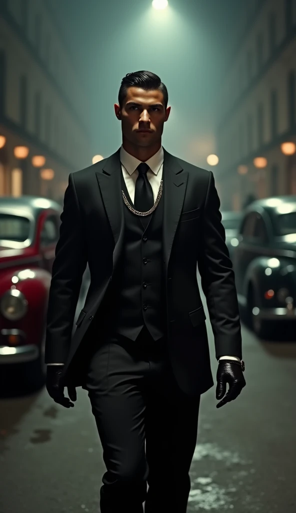 "A full-body cinematic shot of Cristiano Ronaldo styled as a charismatic mafia boss. He wears a perfectly tailored black three-piece suit with a crisp white shirt and a dark tie, accessorized with a luxurious pocket watch chain and leather gloves. His inte...