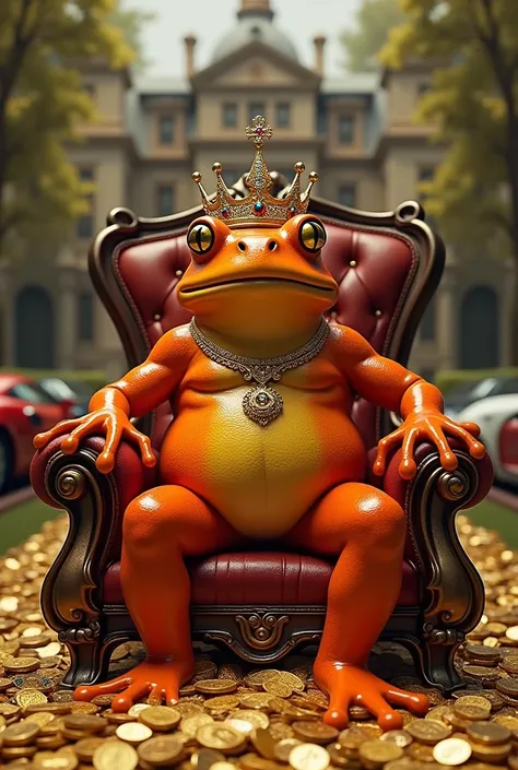 Make the frog orange, sitting on a chair with a lot of money around it. In the background, include fast cars and a luxurious house, make the frog look like king 