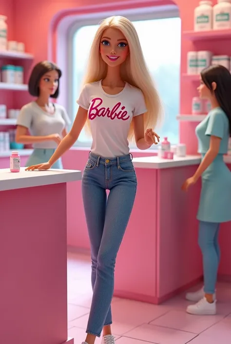 Realistic image of the super beautiful Barbie in a white t-shirt with the name Barbie print,  jeans, white sneakers,  being serviced at the pharmacy counter in Barbieland.