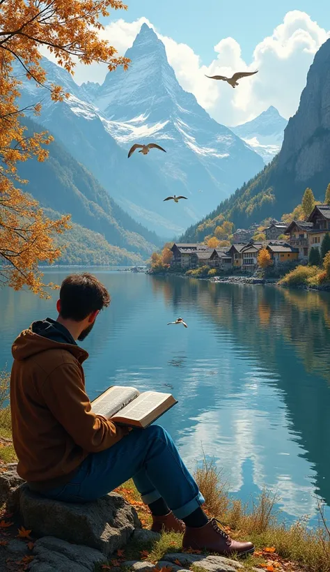  Realistic Swiss Alps background with a beautiful realistic village  ,with beautiful view and splendor ,  Realistic river reflecting floating leaves  , and 3 realistic birds flying in the distance  , in the foreground a realistic seated person wearing blue...