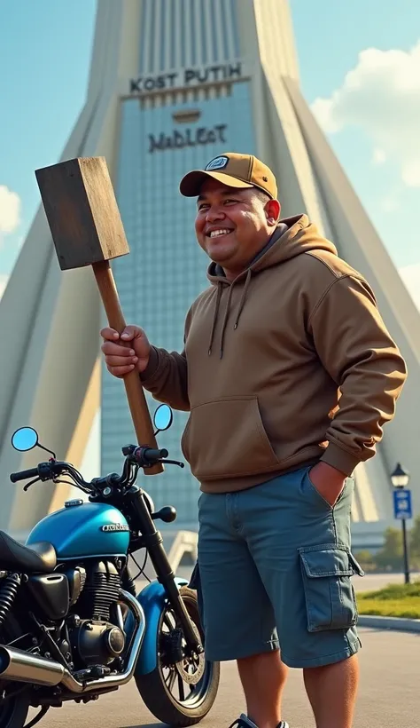 A hyper-realistic caricature of a 34-year-old Indonesian man. He wears a brown baseball cap, a brown hoodie, and blue cargo shorts. In his right hand, he holds a giant hammer. The background features a towering, grand building with the words "Kost Putih" p...