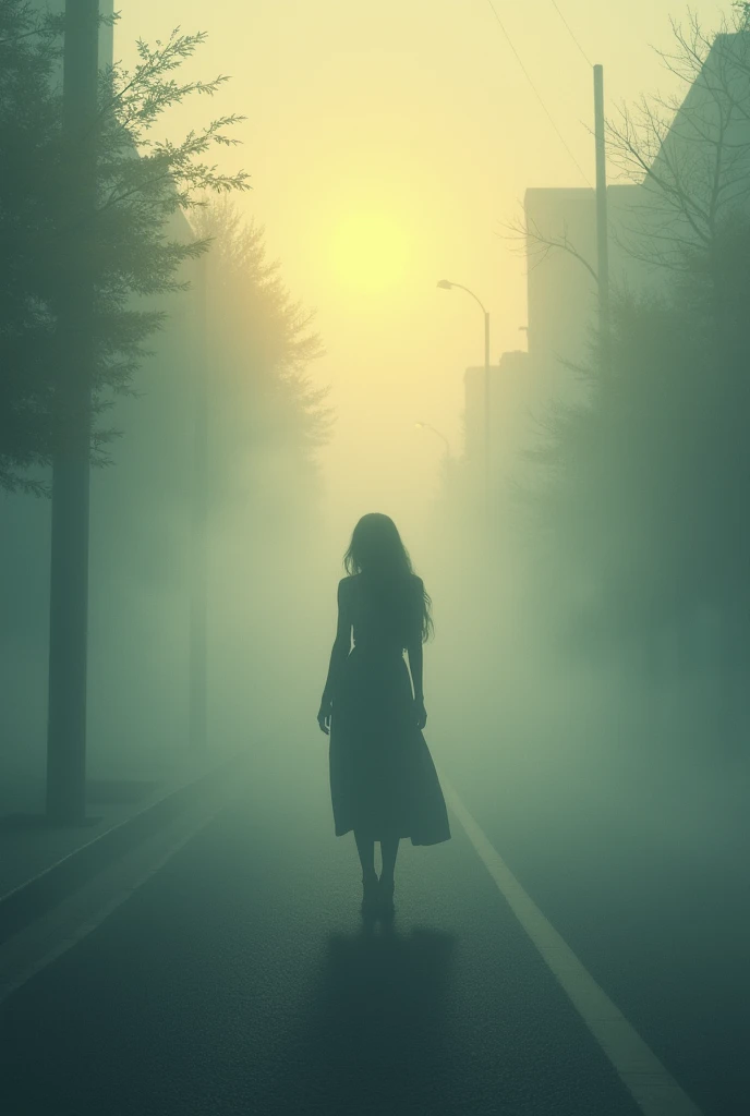 A woman standing on a street shrouded in fog, soft hues, a hazy sun,