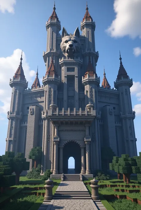 a Minecraft castle with a wolf theme ,  maybe an entry with a wolfs head or another shape ,  the thing is that its a wolf castle to build in Minecraft
