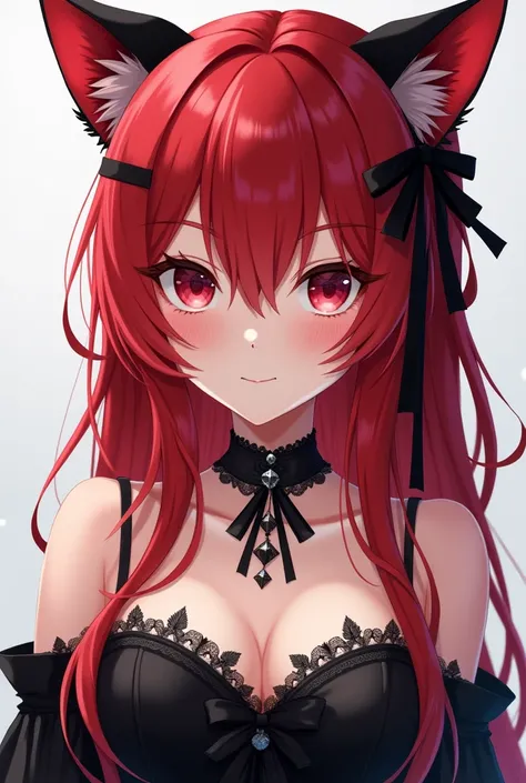 Anime girl with red hair with black tufts black and red cat ear and black corset with a lace necklace with a black ribbon and look would be 