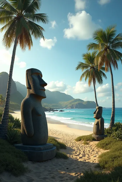 A template with an image of Easter Island and a detail of the island such as its beaches and palm trees
