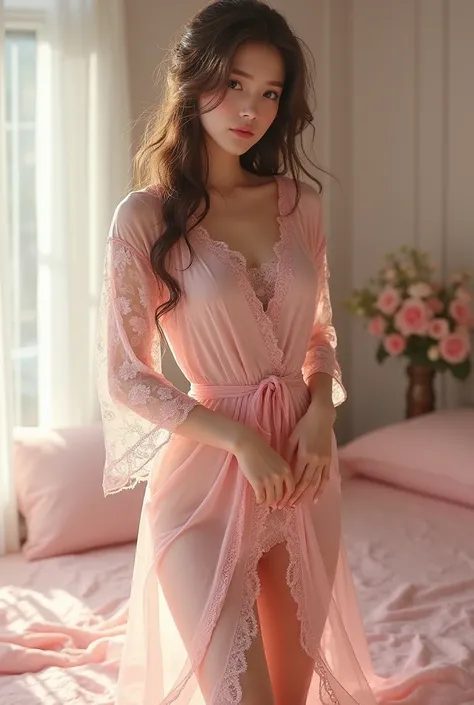 A girl in pink lace robe full body show