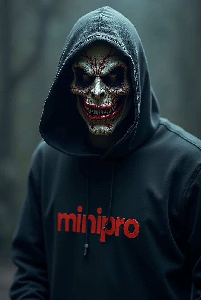 Crypto Trader on hoods wearing a funny but frightening mask. MINIPRO boldly written on the front of the hood 