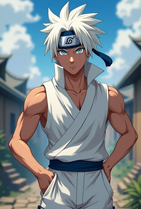 Naruto Character, Genin Uniform, White Clothes, White Eyes, Konoha Headband, Brown Skin Color, White Hair Color, Pyramid Symbol 