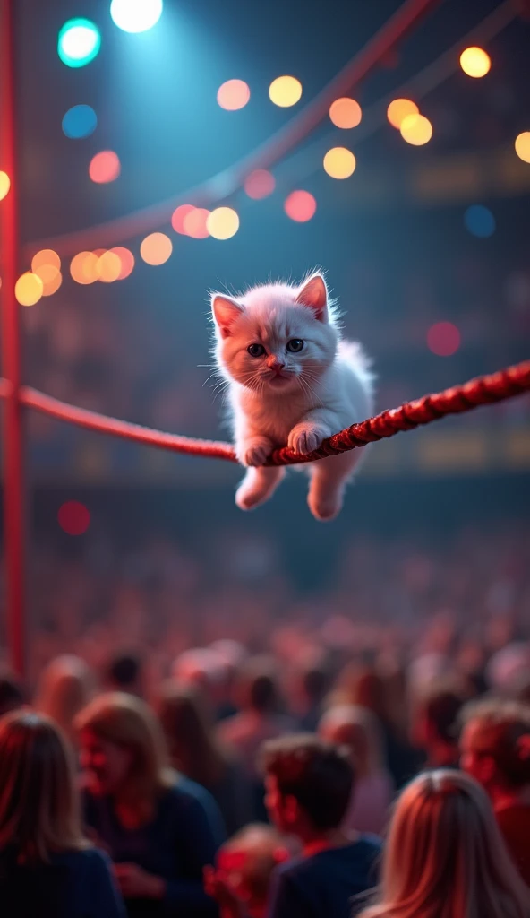 Suddenly, the small white kitten loses her balance and falls off the tightrope. Her scared meow meow becomes louder as she tumbles down, her tiny paws flailing in the air. The audience gasps in shock, their cheers turning into concerned murmurs. The colorf...