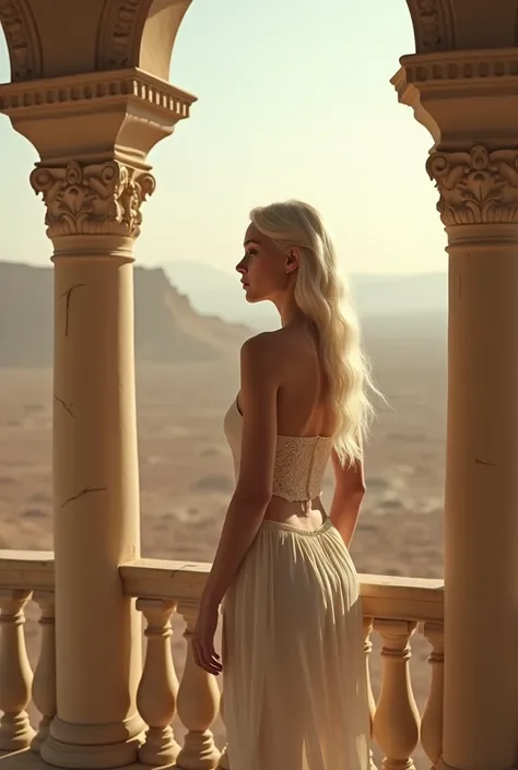 A beautiful platinum blonde girl with an angelic face with the body of a model stands on a balcony of a mansion looking out into the desert thoughtfully