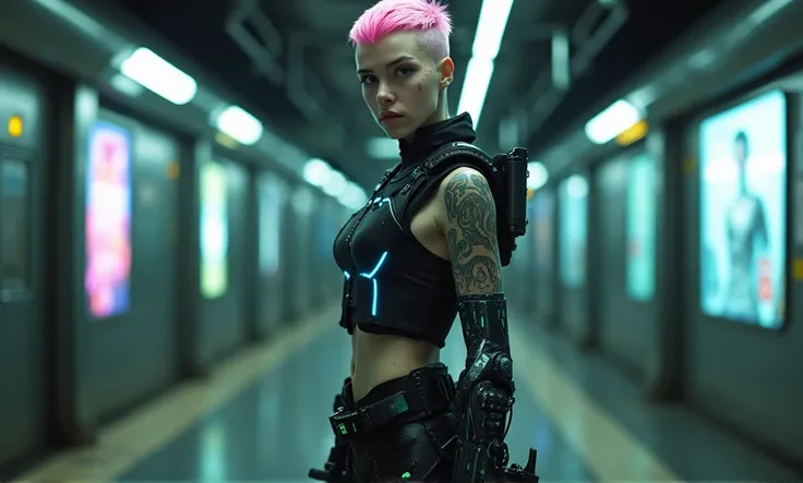 A non-binary teenager with ((pink buzzed hair)) and a ((cybernetic arm)) covered in ((tattooed circuitry)). They wear a ((dark armored vest)) with ((blue neon lines)) running along the sides, paired with ((heavy boots)) and ((mechanical enhancements)) on t...