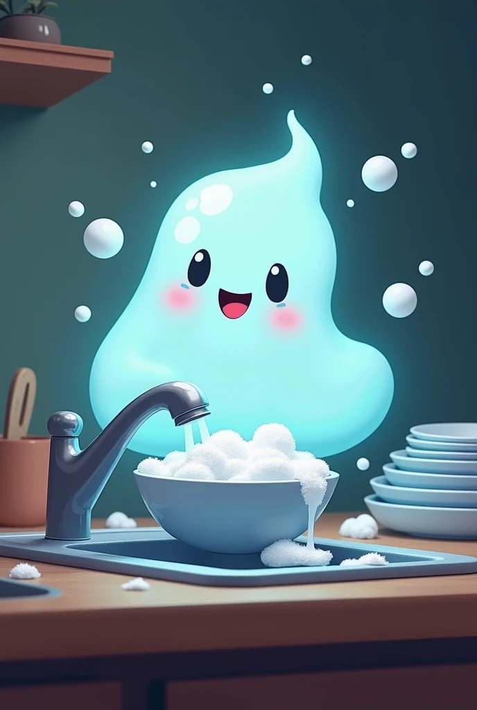 Happy ghost washing dishes with detergent in the kitchen without a background of the interior in animated image