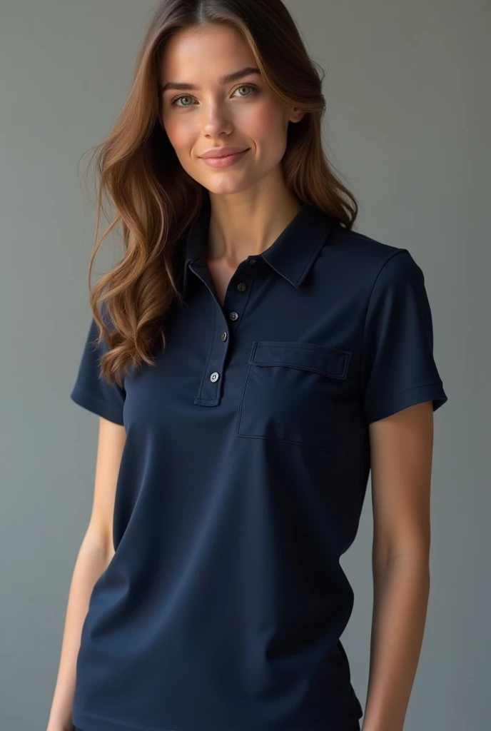  Create a sample of a navy blue and cotton polo shirt for women,  place a black breast pocket without buttons ,  do it in full screen , Show it all .