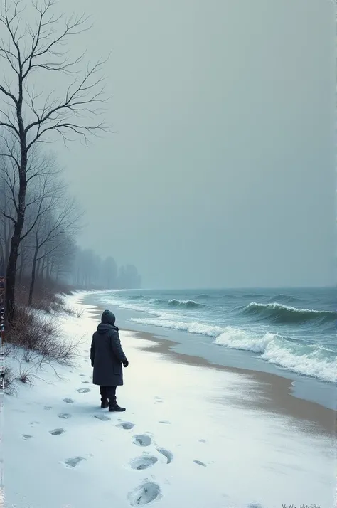 Beach oil painting in winter