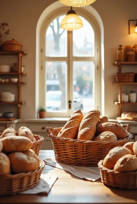 A bakery inside, without people,  that there are breads on the counter and baguettes in a basket on one side of the counter,  the counter has a display case where there are also breads , leaving a small space in the center,  the background color of the bak...