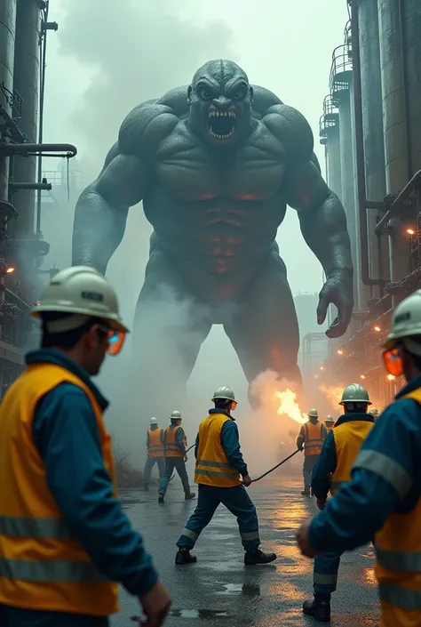  An image of a monster or villain attacking a chemical factory and the workers defending themselves with water hoses and wrenches.  The workers wear the upper part with fluorescent yellow safety clothing and the lower part dark blue and white helmet. The m...