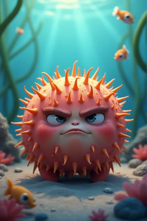  Create a baby sea urchin personified, very cute, CUT CUT,  a cutie ,  but with a sulky face , Anger 