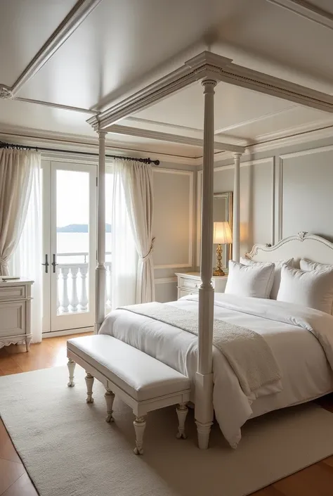  Bedroom with four-poster bed a balcony door and a window with a dressing table desk comfortable wardrobe,the white furniture and the molded walls  , The room is on a boat  