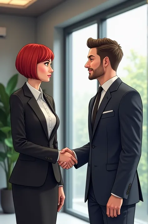  Can create an image of two people a female executive and a .man shaking hands .  She is a red-haired short stature to advertise a real estate consortium 