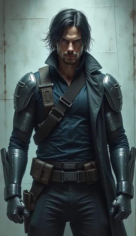 The Winter Soldier is standing in the center of a cold and sterile room , lit by intense white light that creates dramatic shadows on his face and body. He stares directly at the camera with a cold, determined gaze,  his face is slightly sweaty and with da...