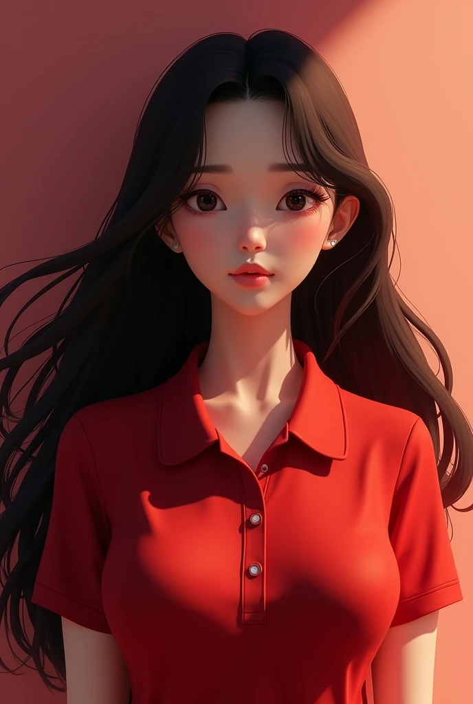 High Res Illustration , 8k, Intense Shadows , Overexposure Large breasts , posting , photo , 3d, 8k, Asian Araffy woman , Look directly at the audience.,  in a dark red polo shirt ,  38-inch chest section , Black hair,  Extra-long hair 2 meters, Long flowi...