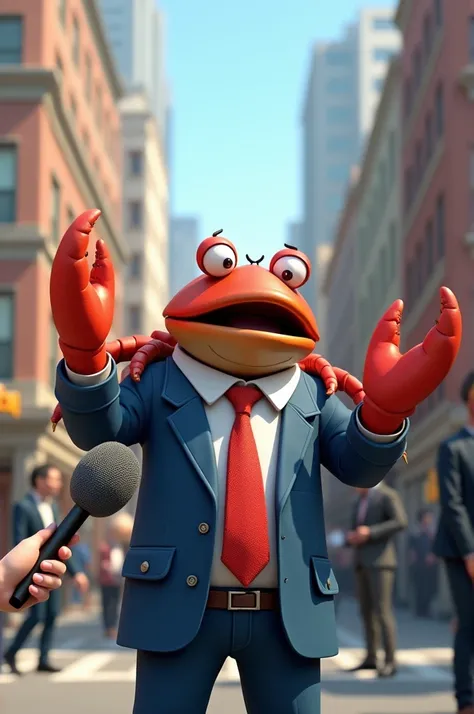 

** Image Description :**  A crab dressed in a human costume ,  that includes a blue jacket and a red tie , is standing on a busy street .  He holds a microphone in front of him while being interviewed by a reporter .  His expression reflects enthusiasm a...