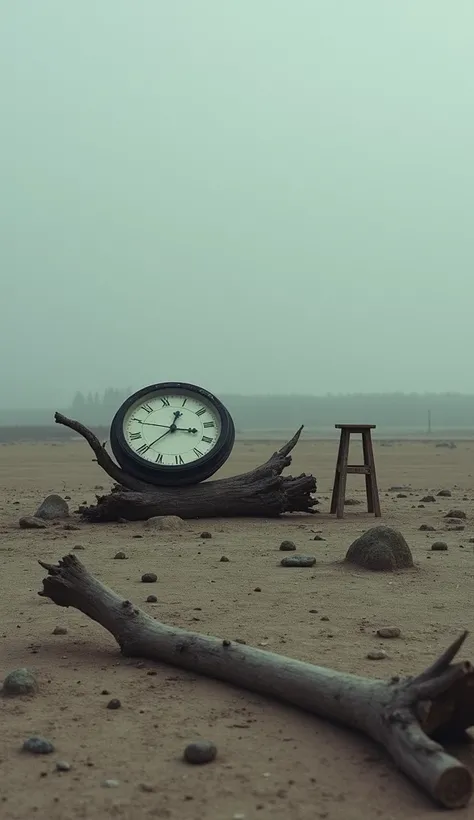 An empty, desolate landscape under a dull, gray sky with no clouds, featuring scattered rocks and dry earth. In the center of the image, there is a large, broken clock lying on a fallen tree trunk. The clock is old and dusty, with shattered glass and no ha...