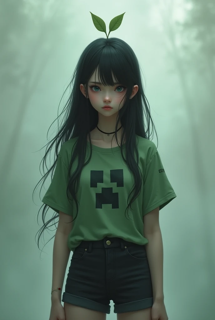  A female character with long black hair,  wearing a creeper shirt  , shorts negros,  a little leaf above the head , with the headless 