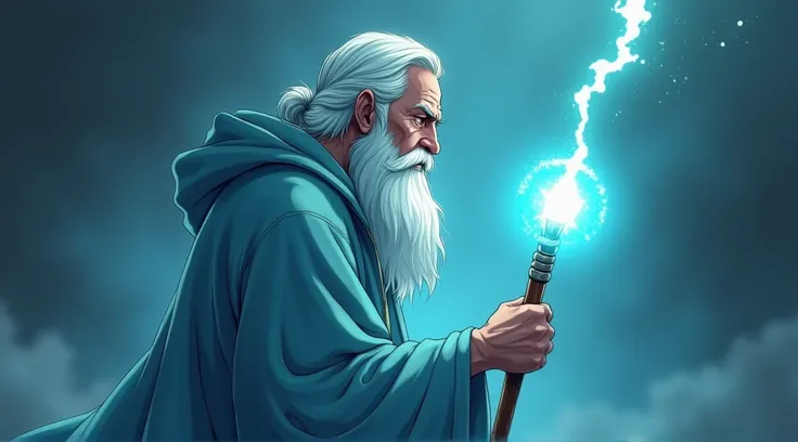 A profile portrait , de cuerpo entero,  of a 70-year-old wise man ,  with white beards , luminous look , who wears a light blue Aqua ,  of hooded linen ,  in one hand holds a rod that has a gem of power .  tunic All with the anime style and atmosphere of G...