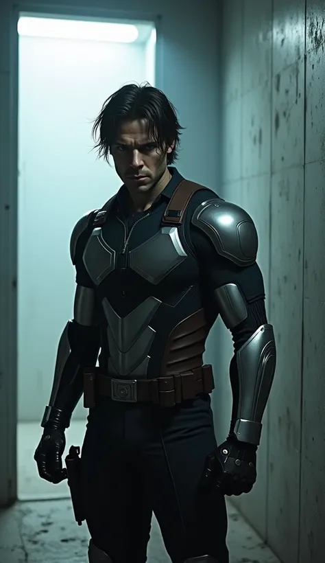 Bucky Barnes, The Winter Soldier is standing in the center of a cold and sterile room , lit by intense white light that creates dramatic shadows on his face and body. He stares directly at the camera with a cold, determined gaze,  his face is slightly swea...