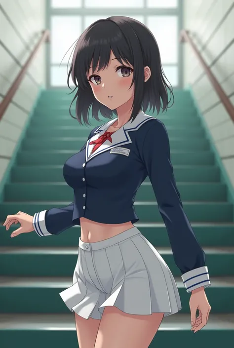  top quality、Japanese Real、 College Student 、uniform、Bob、Big Breasts、School stairs、 cute、 miniskirt、White pants