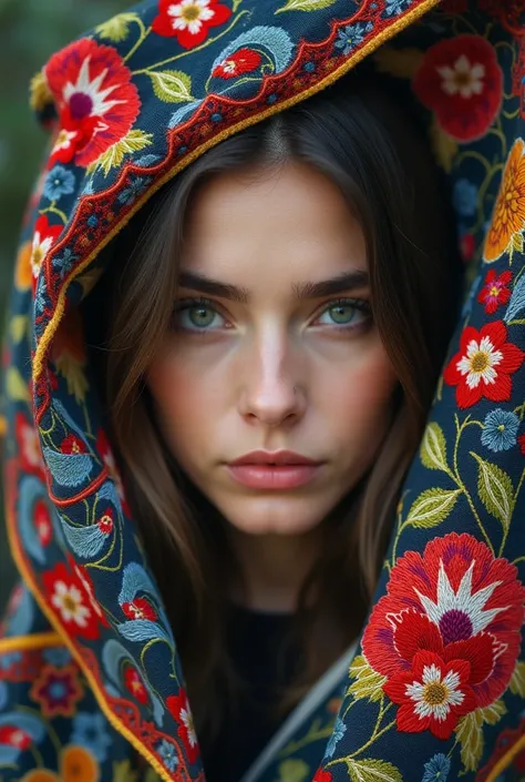 A woman with mysterious eyes, the style of Ukrainian national embroidery, natural lighting, soft focus,