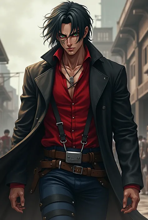 Attack on Titan style character similar to Eren Yegar with long hair, black gabardine, dark blue pants and a red shirt with brown skin and scars under his green eyes. 